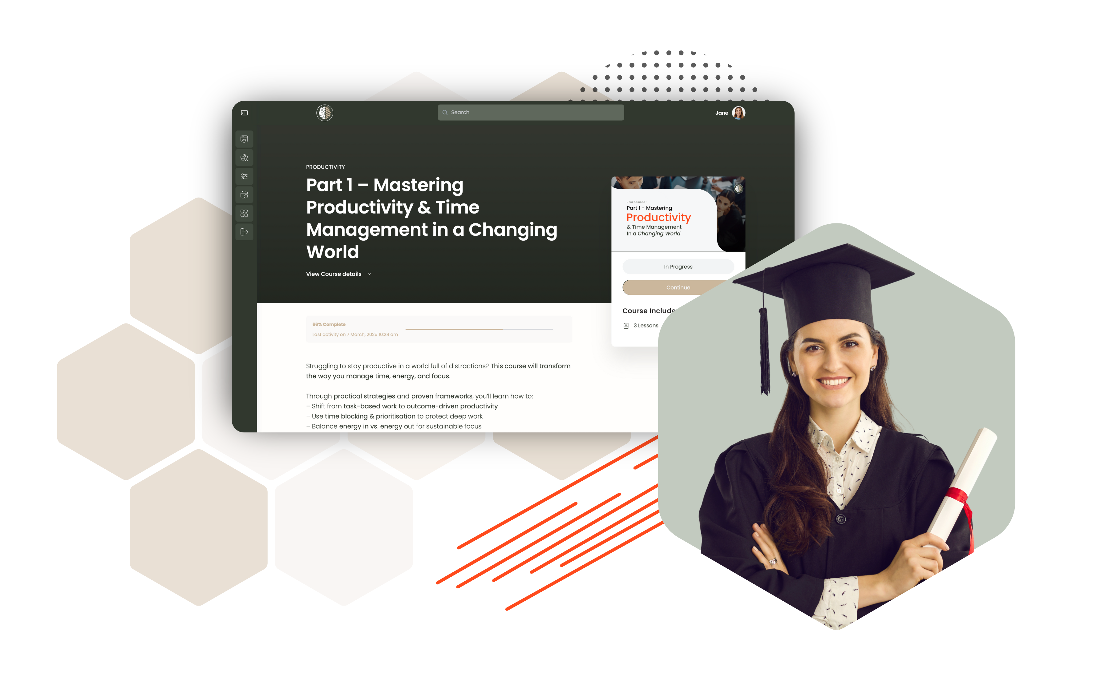 screenshot of the productivity course for neurodiversity support. woman smiling off to the right.