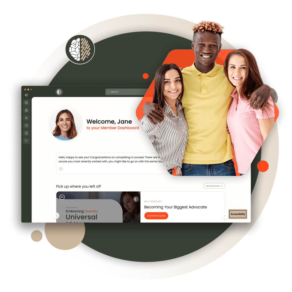 screenshot of neurodiversity in the workplace overlapping photo of three people