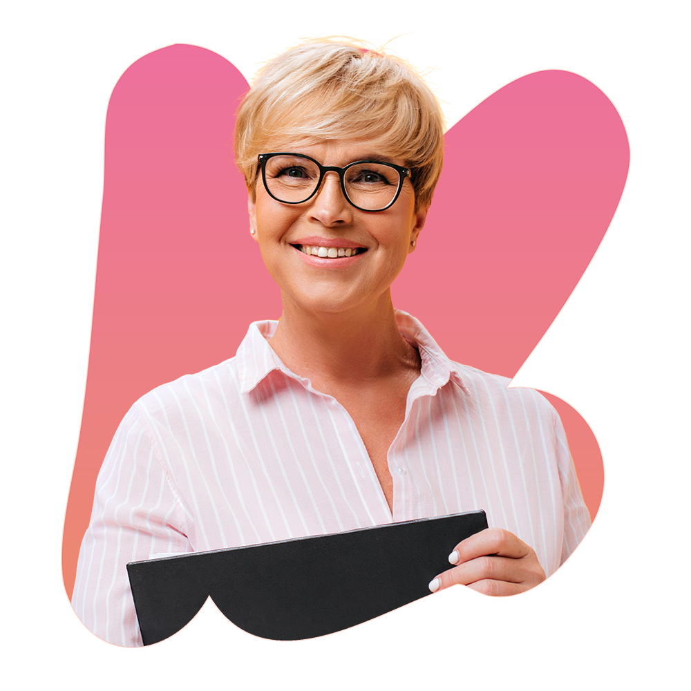 HR Director emerging from a bubbly shape holding a clipboard