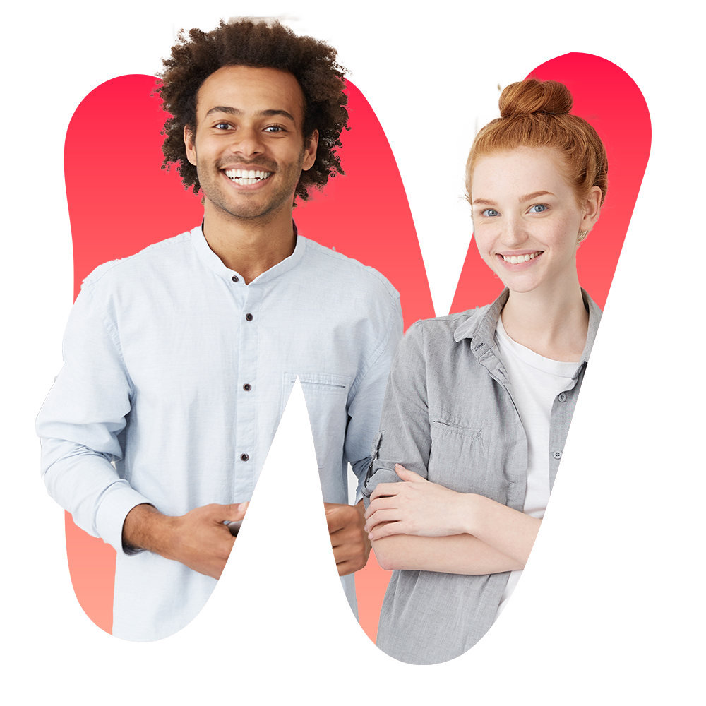 two people smiling in a bubble "N" shape standing for Neurodiversity