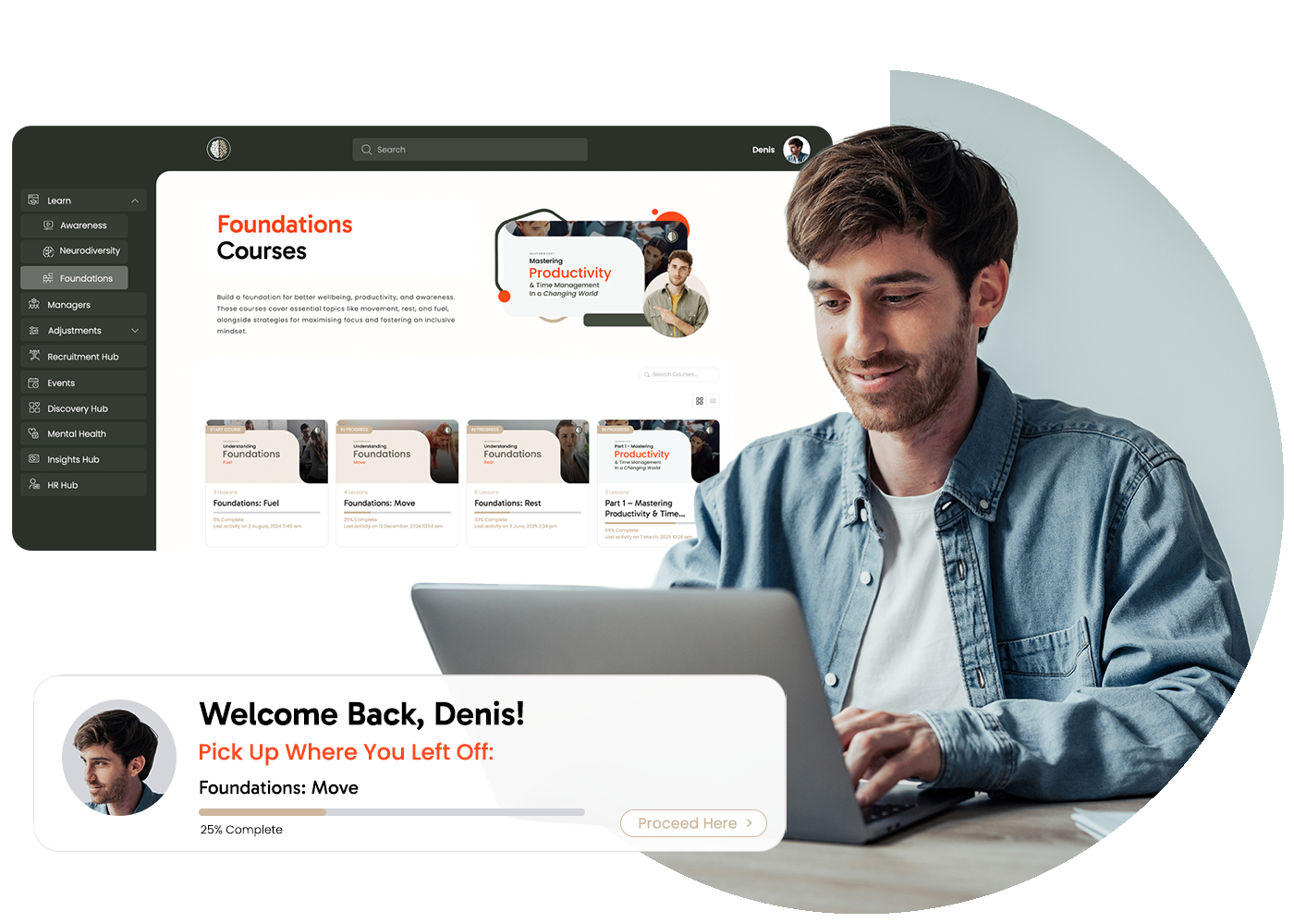 man at desk looking at neurodiversity support hub with screenshot overlayed beside him